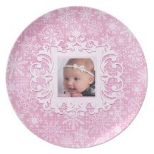 Our Little Snowflake Custom Christmas Photo Pink Dinner Plate