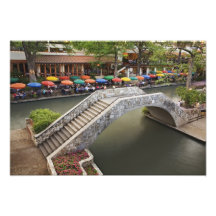 Outdoor cafe along River Walk and bridge over 2 Photo Print