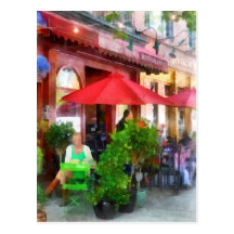 Outdoor Cafe With Red Umbrellas Postcard