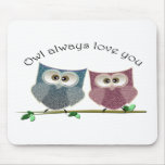 Owl always Love You, Pink and Blue Cute Owls Art Mousemats