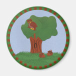 Owl and an Oak Tree Whimsical Cartoon Art Refrigerator Magnet