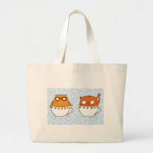 Owl and cat teacup buddies on china blue back tote bags
