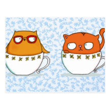 Owl and cat teacup buddies on china blue back postcard
