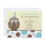 Owl Birthday Party Invite Blue & Brown Polka Dots
