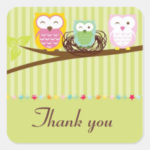 Owl Family green baby shower Thank you sticker