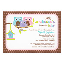 Owl Family on Branch with Bird House Baby Shower I Announcement