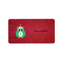 Owl santa green with red glitter custom address label