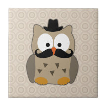 Owl with Moustache and Hat Ceramic Tile