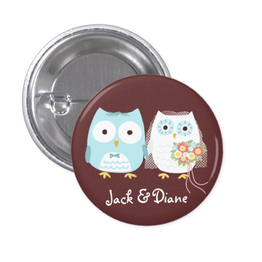 Owls Wedding Bride and Groom with Custom Text Buttons