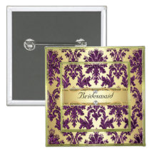 P1 Gold Purple Damask Bridesmaid Button/Pin