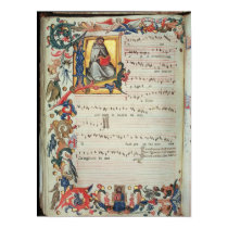Page of musical notation with a historiated posters