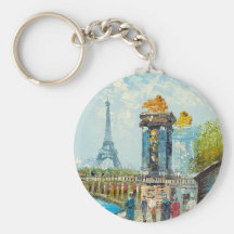 Painting Of Paris Eiffel Tower Scene Keychains