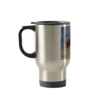 Pair Of Brown And Black Cow Eating Grass In A Wide Coffee Mug