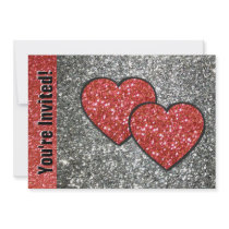 Pair of Hearts in Red Glitter Invitation