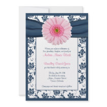 Pale Pink Gerbera Navy Floral Wedding Invitation