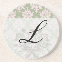 pale pink on sage green ornate damask pattern coasters