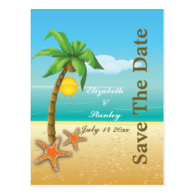 Palm tree & starfish beach wedding Save the Date Postcard