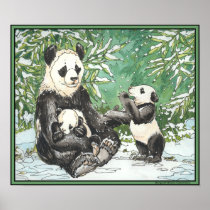 Panda Bear Family in Winter Print