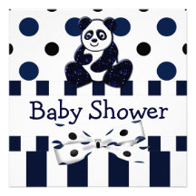 Panda Blue Glitter Dots & Stripes Baby Shower Custom Invite