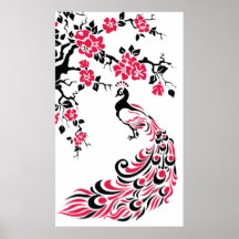 Paon et affiche rouges noirs de fleurs de cerisier