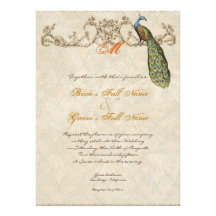 Paon vintage et mariage orange brûlé gravure à l'e carton d'invitation