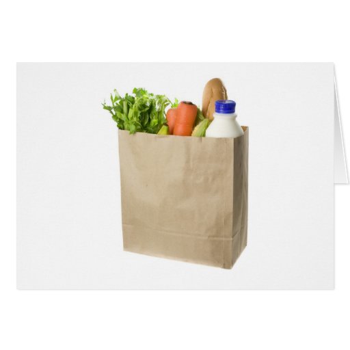 Paper bag full of groceries greeting cards