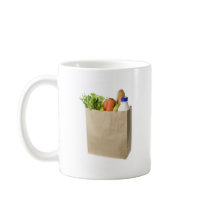 Paper bag full of groceries coffee mugs