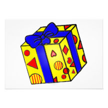 Parcel or Gift in Red and Yellow with Blue Ribbon Invites