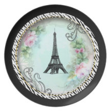 Paris Eiffel Tower & Pink Roses Dinner Plate