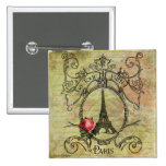 Paris Eiffel Tower & Red Rose Steampunk Pinback Button