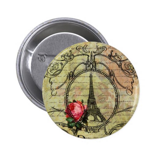 Paris Eiffel Tower & Red Rose Steampunk Pinback Button