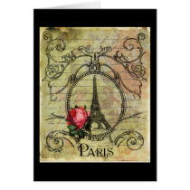Paris Eiffel Tower & Red Rose Steampunk Card