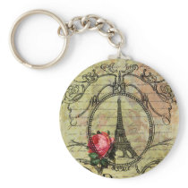 Paris Eiffel Tower & Red Rose Steampunk Key Chain