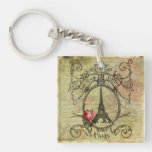 Paris Eiffel Tower & Red Rose Steampunk Acrylic Keychain