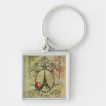 Paris Eiffel Tower & Red Rose Steampunk Keychains