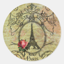 Paris Eiffel Tower & Red Rose Steampunk Round Stickers