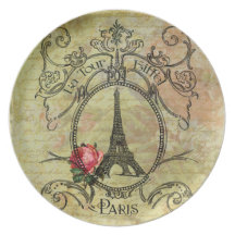 Paris Eiffel Tower Victorian Steampunk & Red Rose Dinner Plate