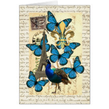 Paris, peacock and butterflies greeting card