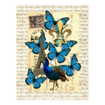 Paris, peacock and butterflies post card