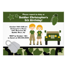 Partie d'anniversaire de enfant de soldat de camou invitation personnalisable