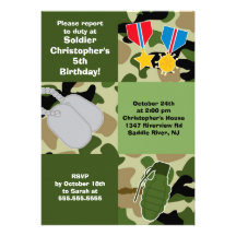 Partie d'anniversaire de enfant de soldat de camou invitations