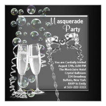 Partie noire argentée de mascarade de Champagne Invitations Personnalisées