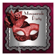 Partie noire rouge argentée de mascarade de masque invitations personnalisables