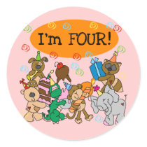 Party Animals 4th Birthday Tshirts and Gifts Round Sticker