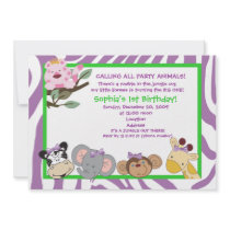 PARTY ANIMALS Baby Girl 1st Birthday Jungle 5x7 Custom Announcement