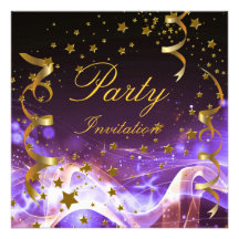 Party Invitation Purple Gold Stars Streamers