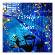 Party Time Invitation Blue Gold Stars Rave