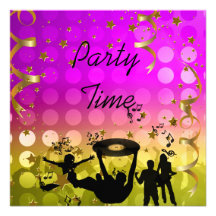 Party Time Invitation Yellow Pink Gold Stars Rave