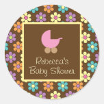 Pastel Daisy Pattern Brown with Pink Baby Carriage Round Sticker