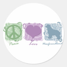 Pastel Peace, Love, and Newfoundlands Round Stickers